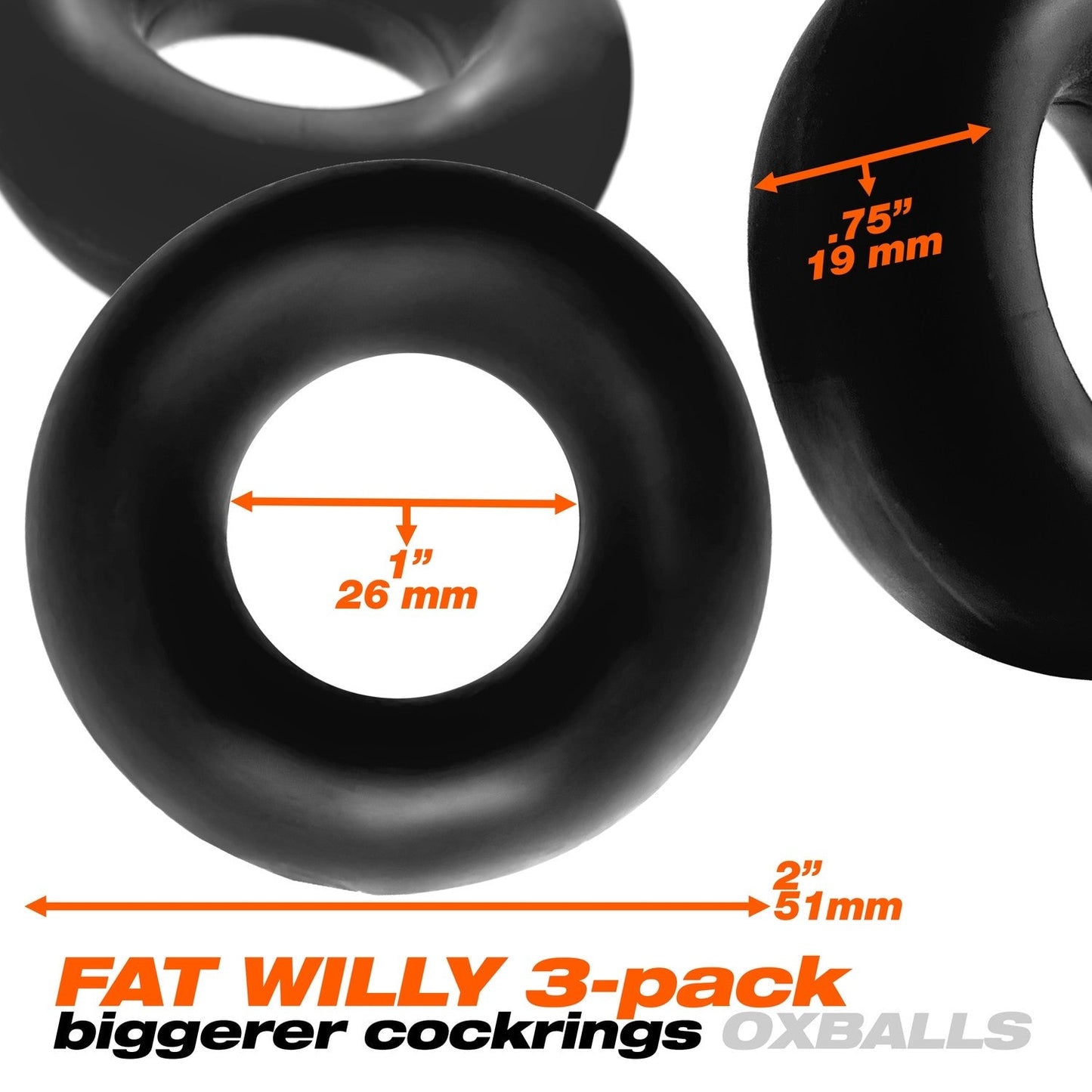 Oxballs Fat Willy 3-Pack Jumbo Cock Ring- BLACK