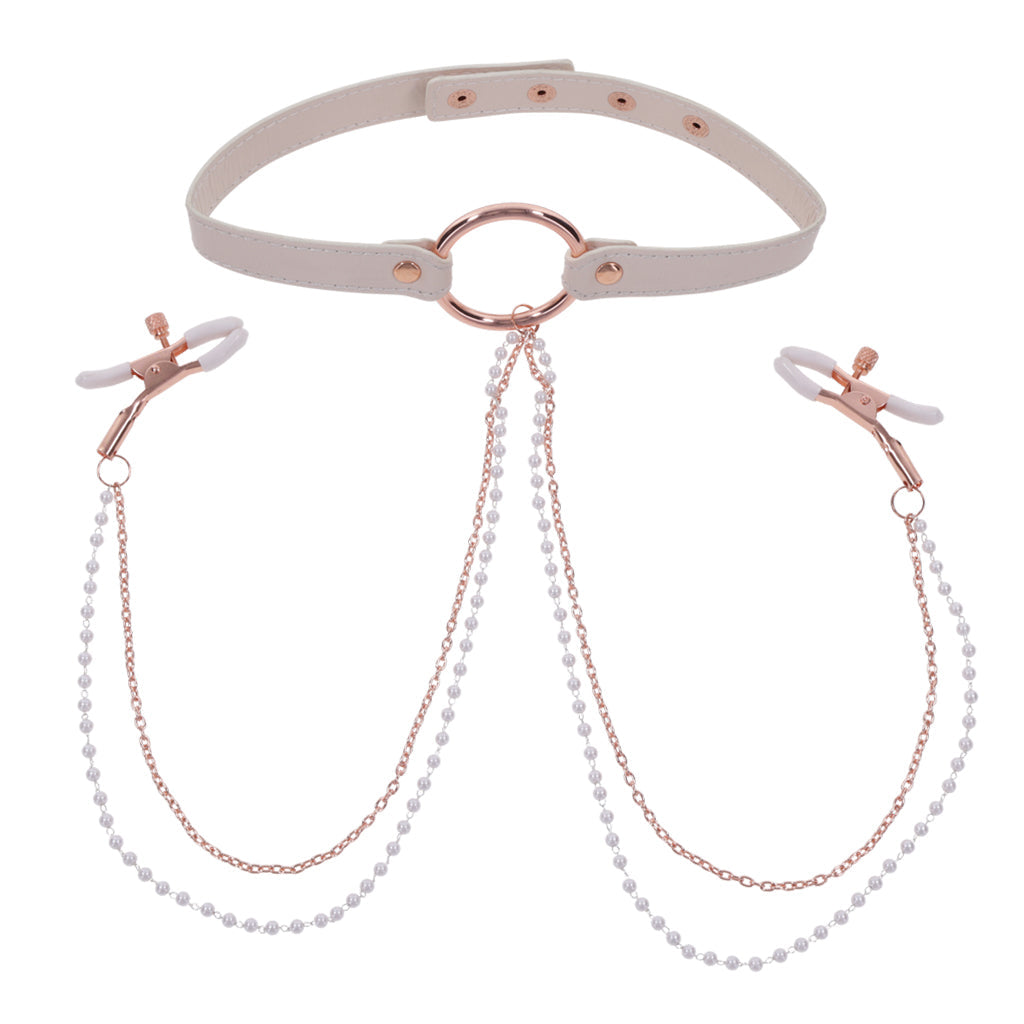 Sportsheets Sex & Mischief Peaches ‘n CreaMe Collar with Nipple Clamps
